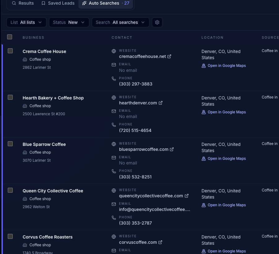 Miros Auto Searches review queue with Save and Dismiss actions on new surfaced leads