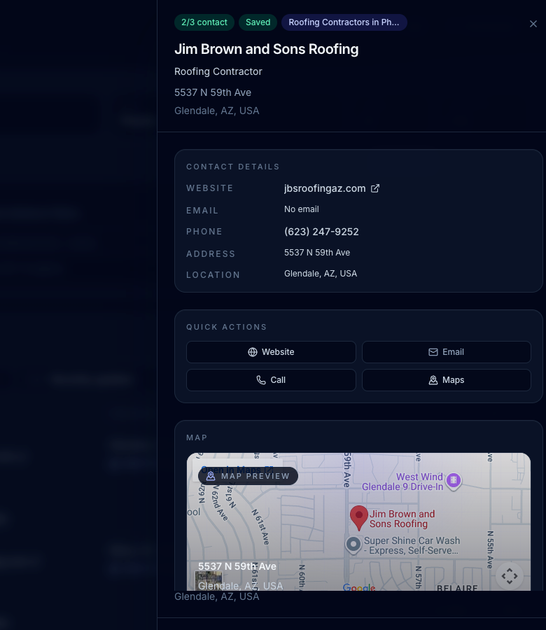Miros lead detail panel showing contact fields, map preview, lead quality, and enrichment history