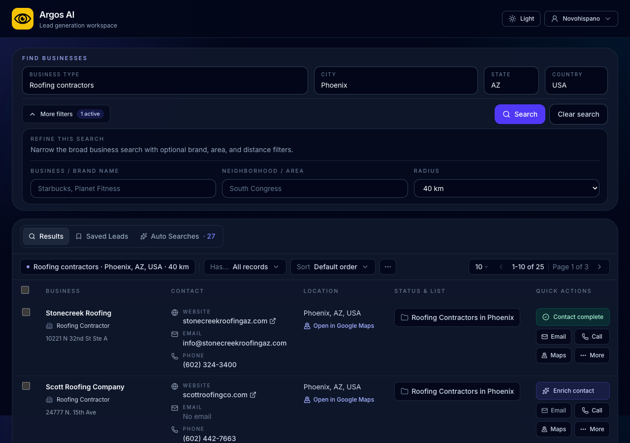 Miros results view showing a roofing contractor search with verification chips